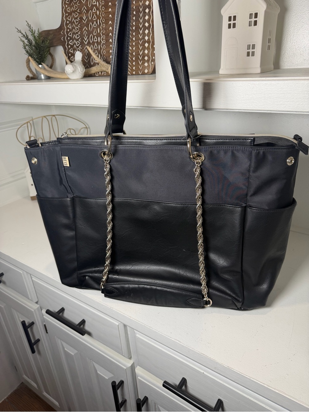 BÉIS The Diaper Bag Black Large Tote Silver Chain Crossbody Baby Travel Bag - Picture 3 of 15